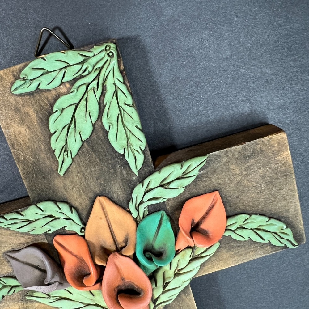 Handmade Wooden Floral Wall Cross Clay Flowers Rustic Folk Art Decor 12" x  7" - Picture 4 of 7